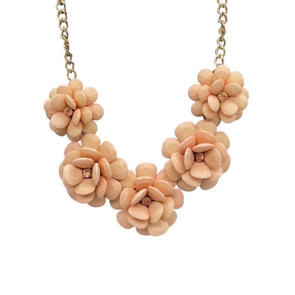 Chunky Crystal Flower Cluster Chain Statement Necklace 21 to 24 Inches Gold Tone